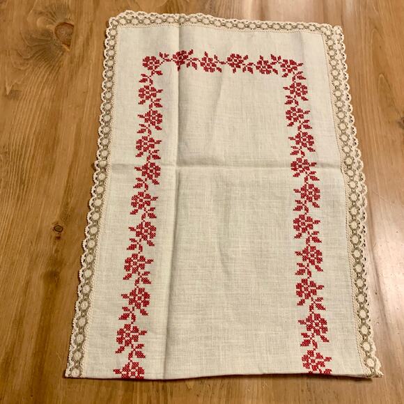 Linen Cross Stitch Table Top Runner Vintage Red Tan Cottage Granny Core - Picture 4 of 6